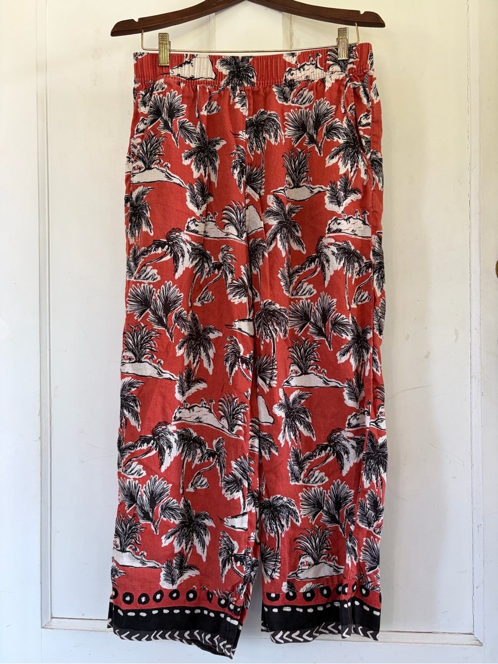Tahari Coral Linen Palm-Print Wide Leg Pants 100% Linen